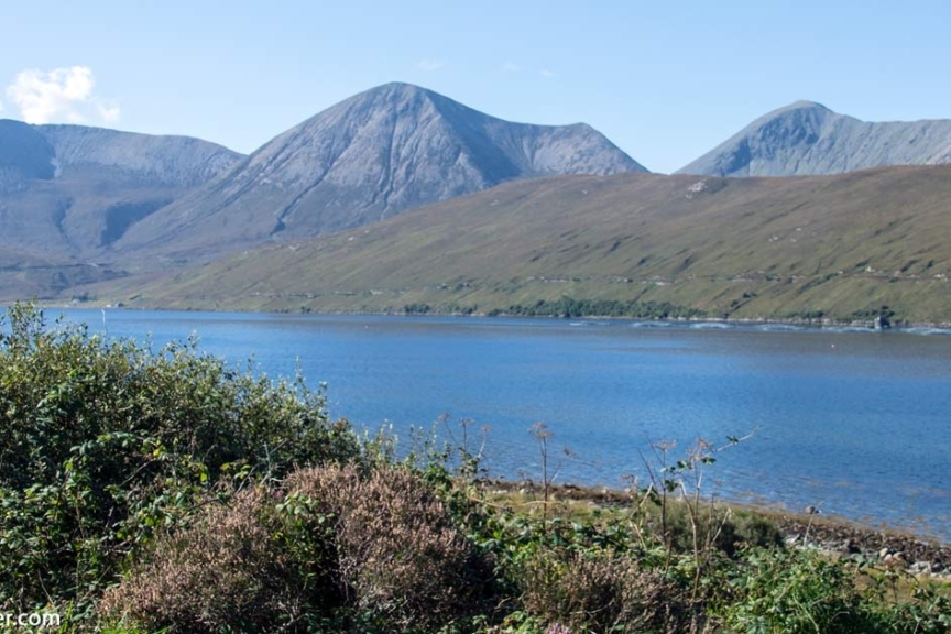 The fish farm nestled at the foot of the hills on the pristine Loch Ainort. Isle of Skye, Loch Airnort - Fish Farm