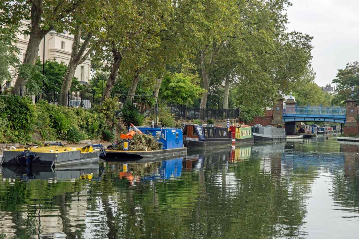 Canal and River Trust Maintenance boats moored at Little Venice. Warwick Avenue in the background. C&RT-Maintenance-Boats