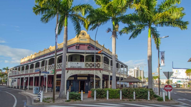Built 1868-99; 2 storey; Rendered brick building, corrugated iron roof, verandahs with rare design iron lace balustrades; 87 Flinders Street; #600916 Queensland Pubs